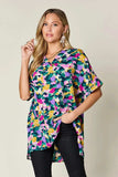 Double Take Full Size Printed V-Neck Short Sleeve Side Slit Top - Trendsi - Flyclothing LLC
