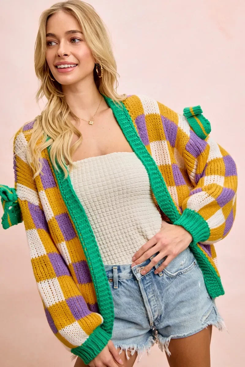 BiBi Mardigras Checker Board Front Open Cardigan - Trendsi - Flyclothing LLC
