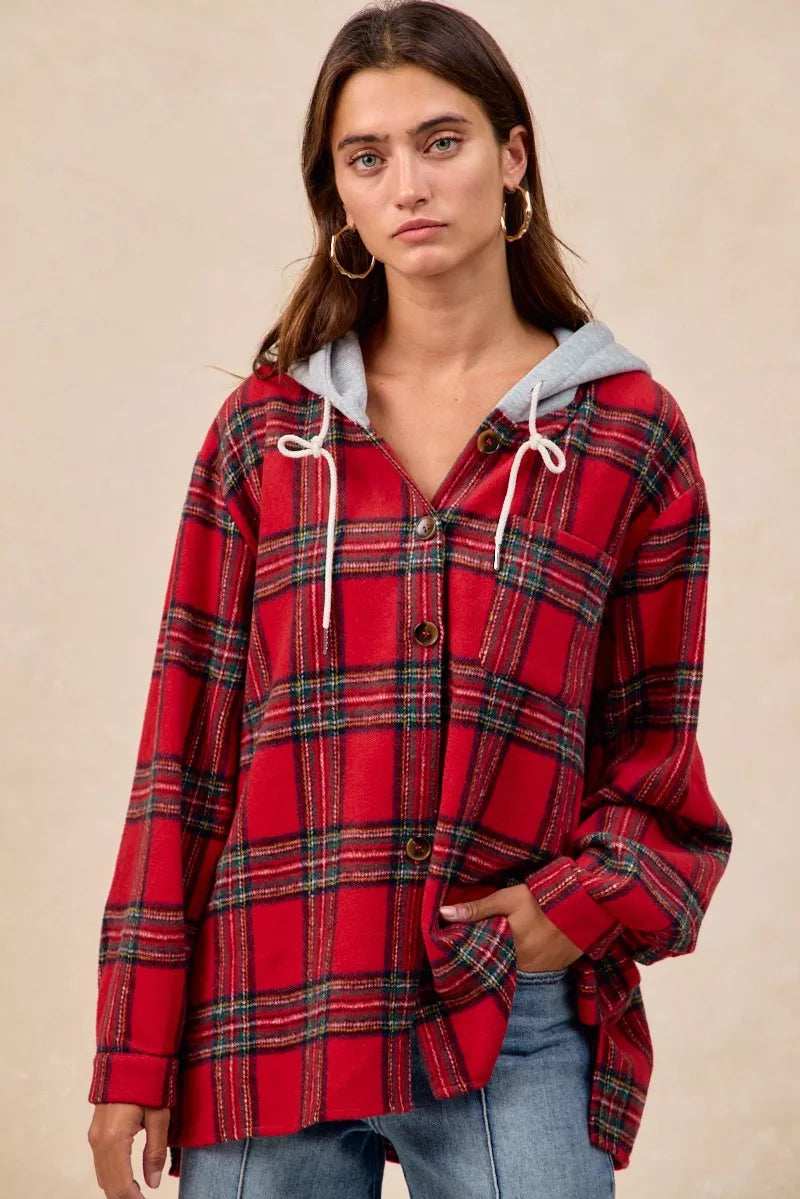 BiBi Brushed Plaid Hooded Jacket - Trendsi - Flyclothing LLC