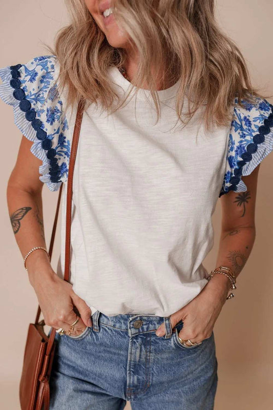 Round Neck Printed Ruffled Cap Sleeve Blouse - Trendsi - Flyclothing LLC