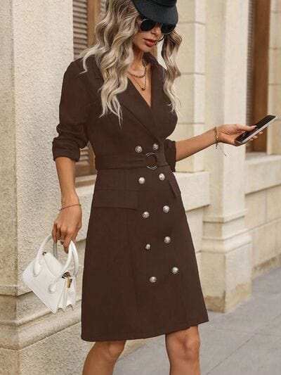 Double-Breasted Lapel Collar Long Sleeve Dress - Trendsi - Flyclothing LLC