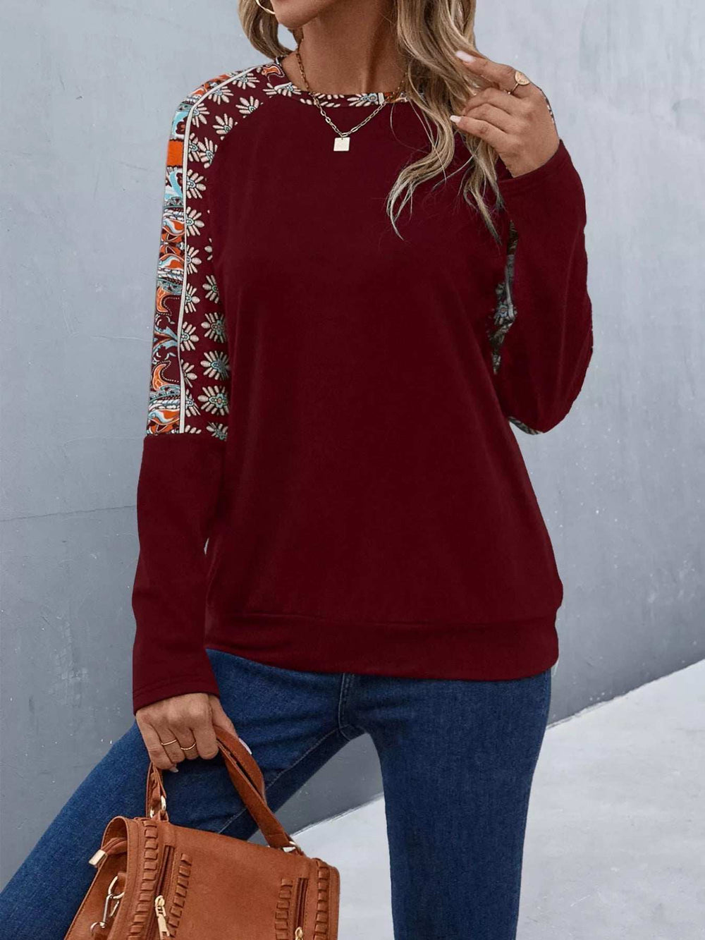 Printed Raglan Sleeve Round Neck T-Shirt - Trendsi - Flyclothing LLC