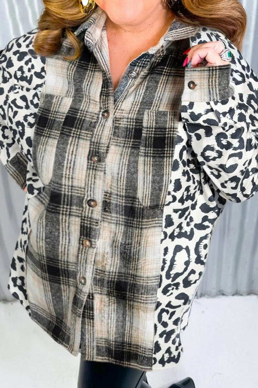 Plus Size Leopard Plaid Button Up Long Sleeve Shacket - Trendsi - Flyclothing LLC