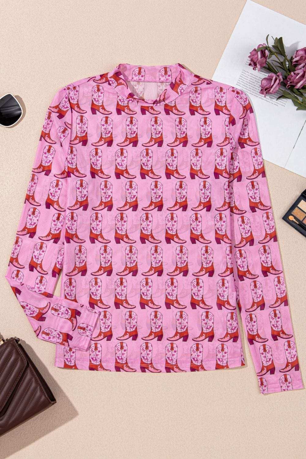 Cowgirl Boots Printed Mock Neck Long Sleeve Mesh Top - Trendsi - Flyclothing LLC