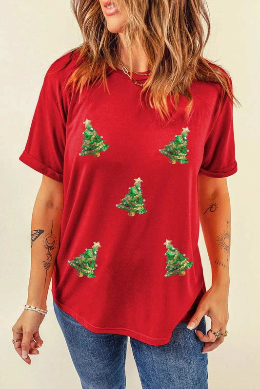 Sequin Christmas Tree Round Neck Short Sleeve T-Shirt - Trendsi - Flyclothing LLC