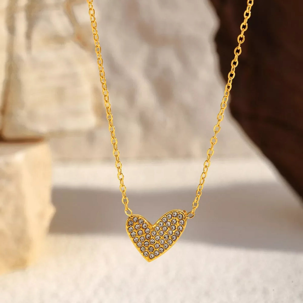 18K Gold-Plated Rhinestone Heart Necklace - Trendsi - Flyclothing LLC