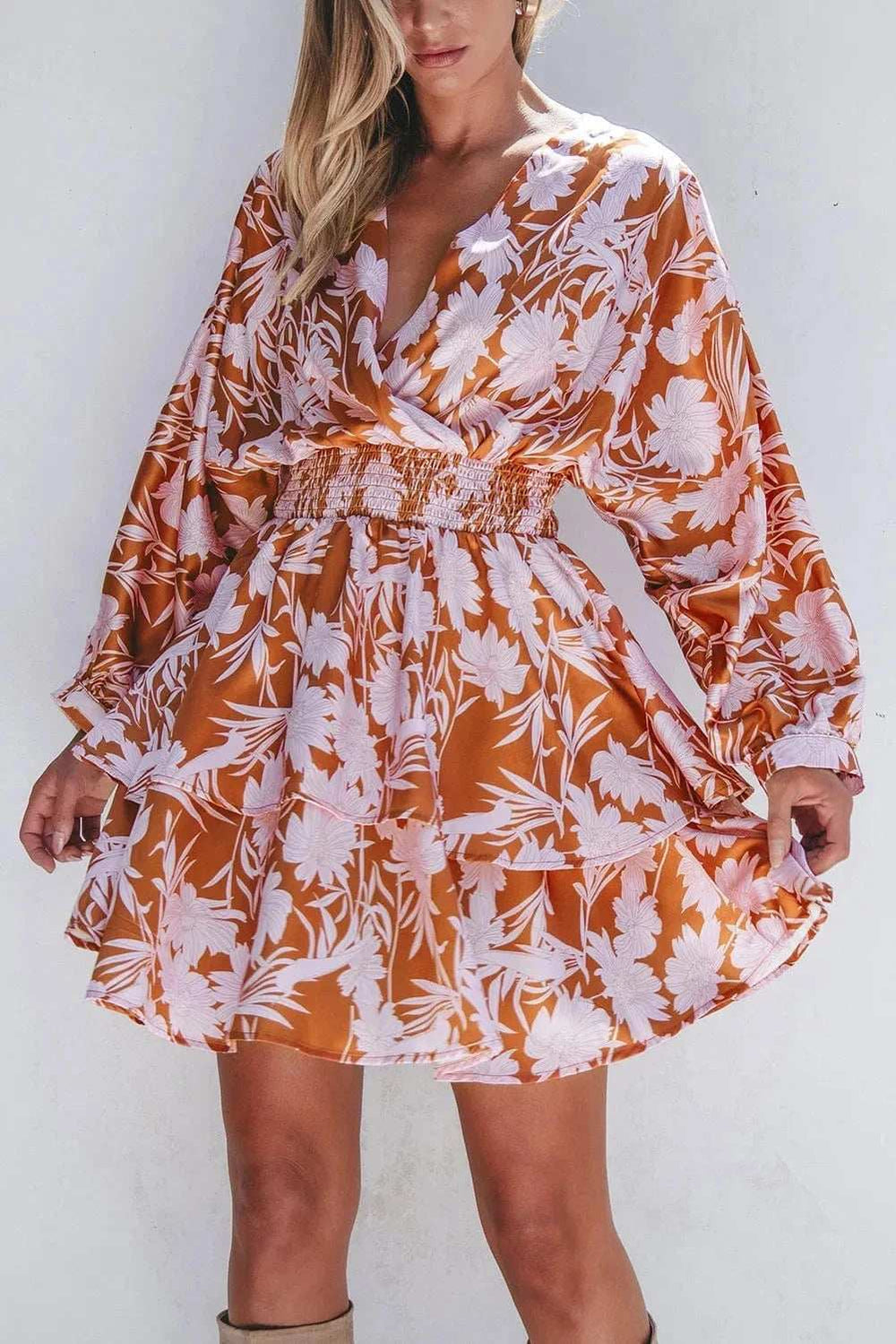 Smocked Printed Long Sleeve Mini Dress - Trendsi - Flyclothing LLC