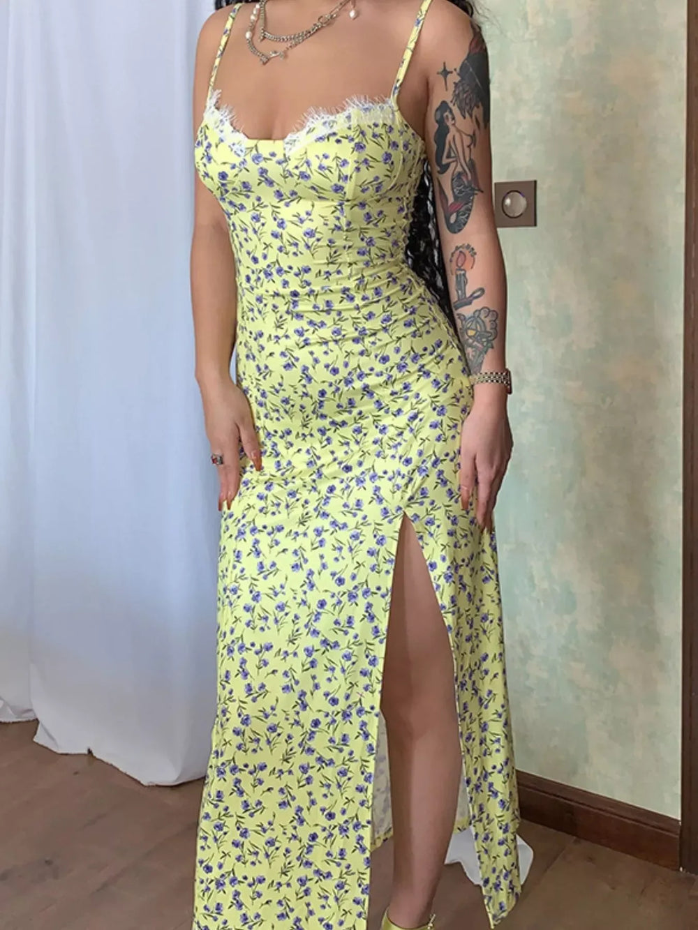 Floral Print Lace Trim Slit Midi Dress - Trendsi - Flyclothing LLC