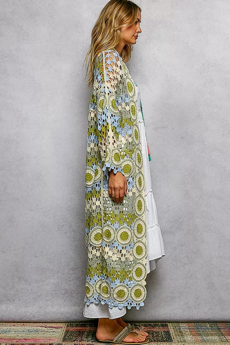 POL Scalloped Edge Open Front Crochet Cardigan with Colorful Stripe Pattern - Trendsi - Flyclothing LLC