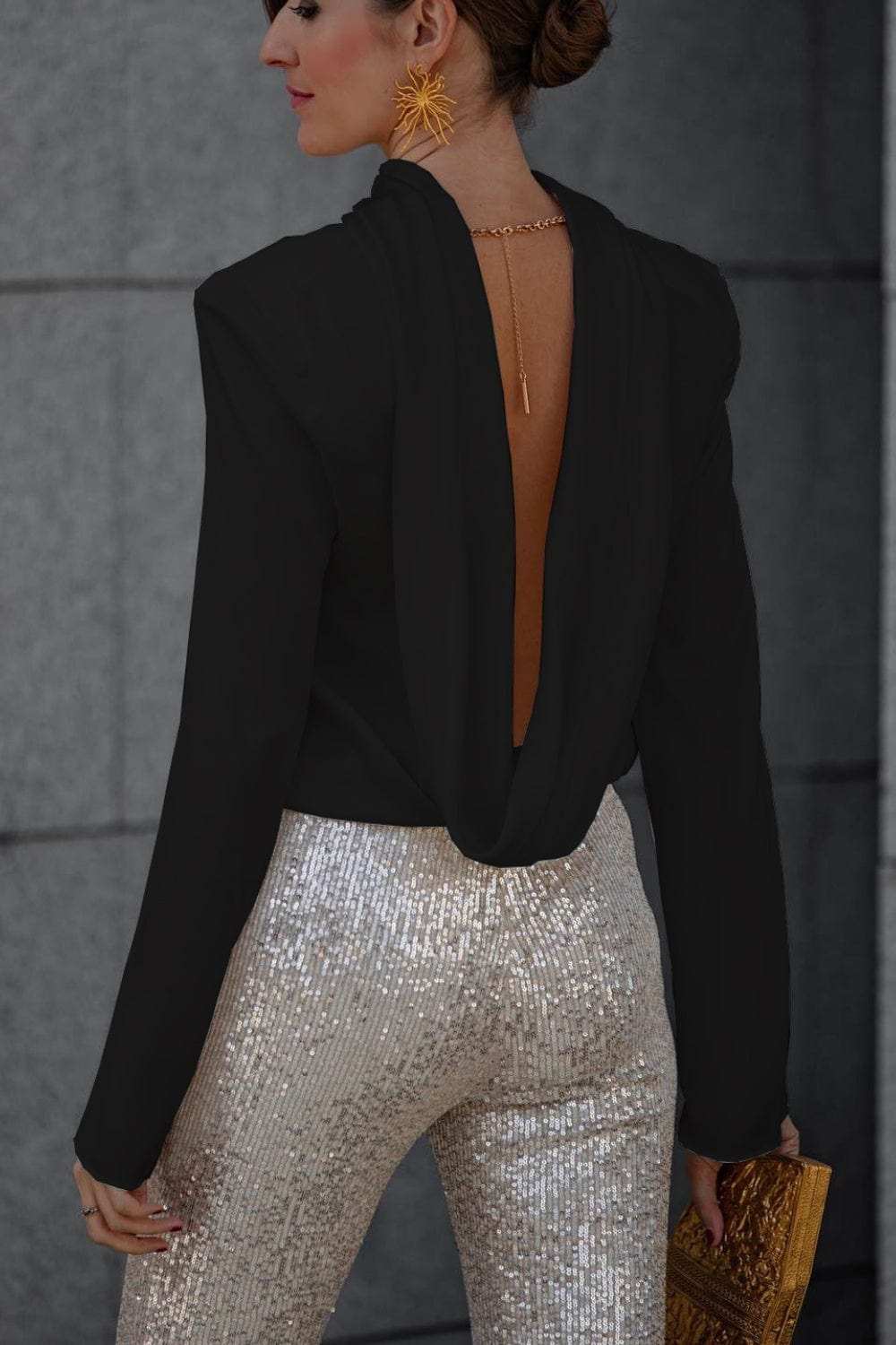 Backless Cowl Neck Long Sleeve Blouse - Trendsi - Flyclothing LLC