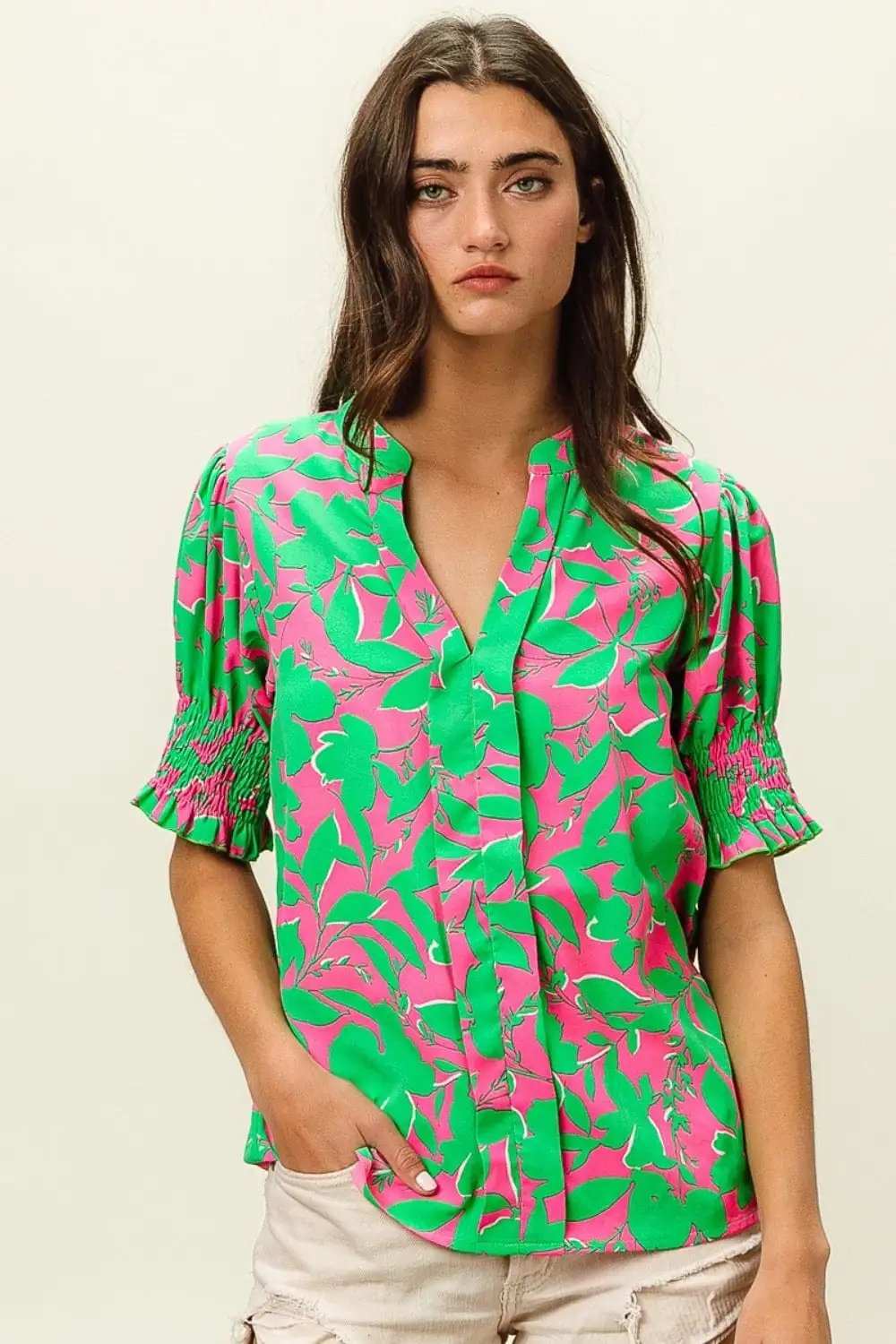 BiBi Smocked Cuff Floral Contrast Top - Trendsi - Flyclothing LLC