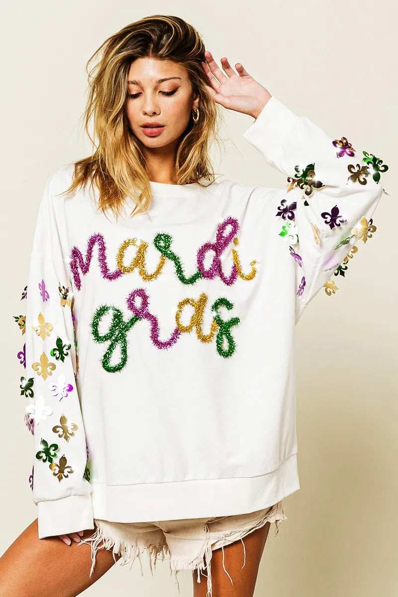 BiBi Fleur De Lis Sleeve Mardi Gras Pullover - Trendsi - Flyclothing LLC