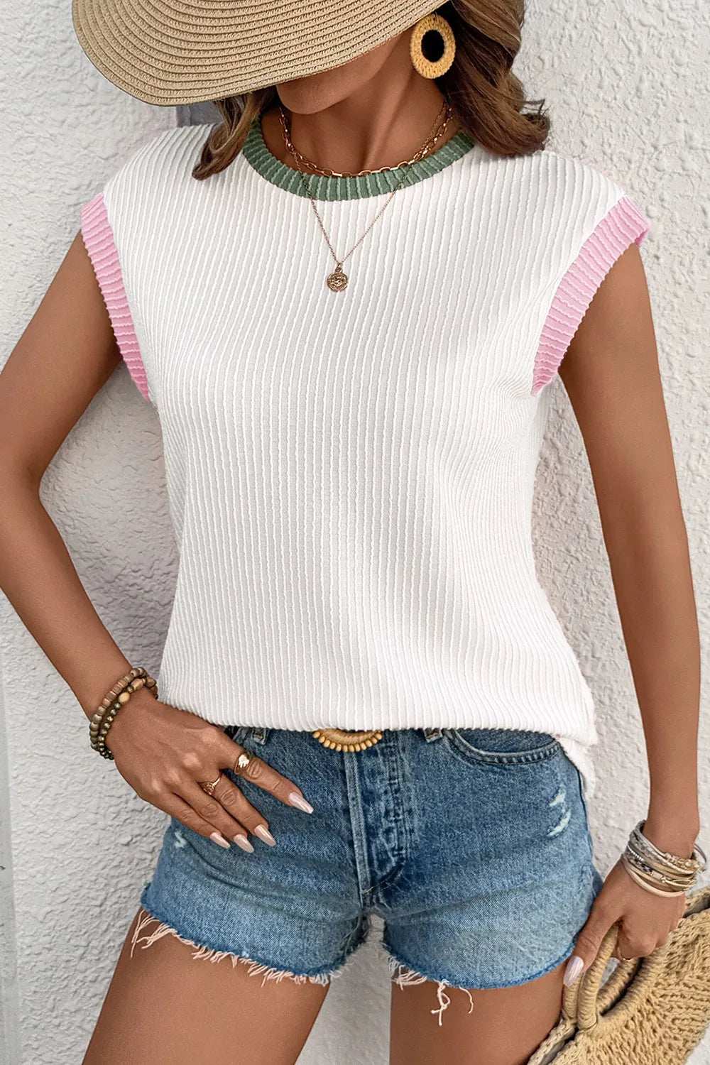 Contrast Trim Ribbed Knit Sleeveless Top - Trendsi - Flyclothing LLC