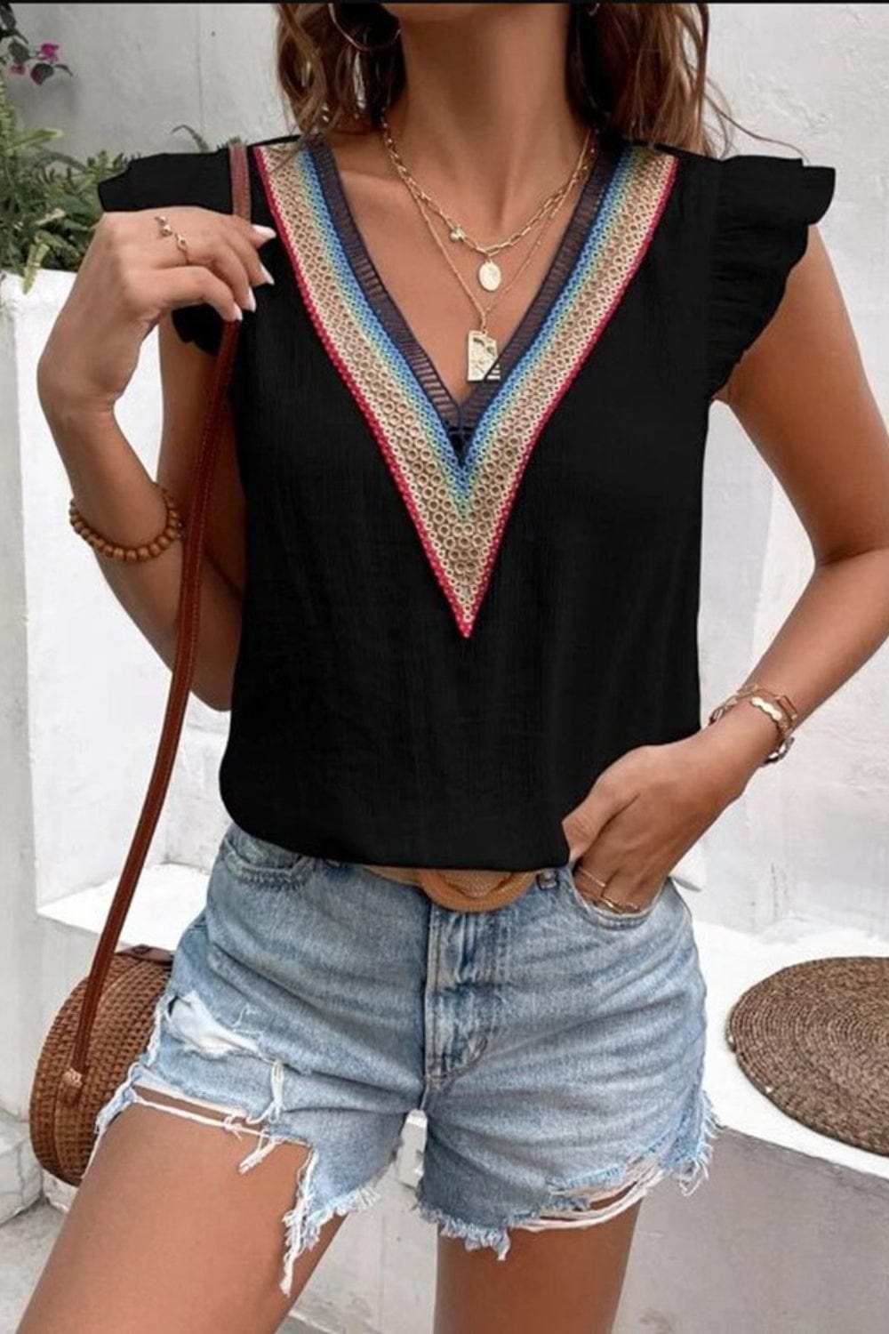 Full Size Ruffled V-Neck Cap Sleeve Blouse - Trendsi - Flyclothing LLC