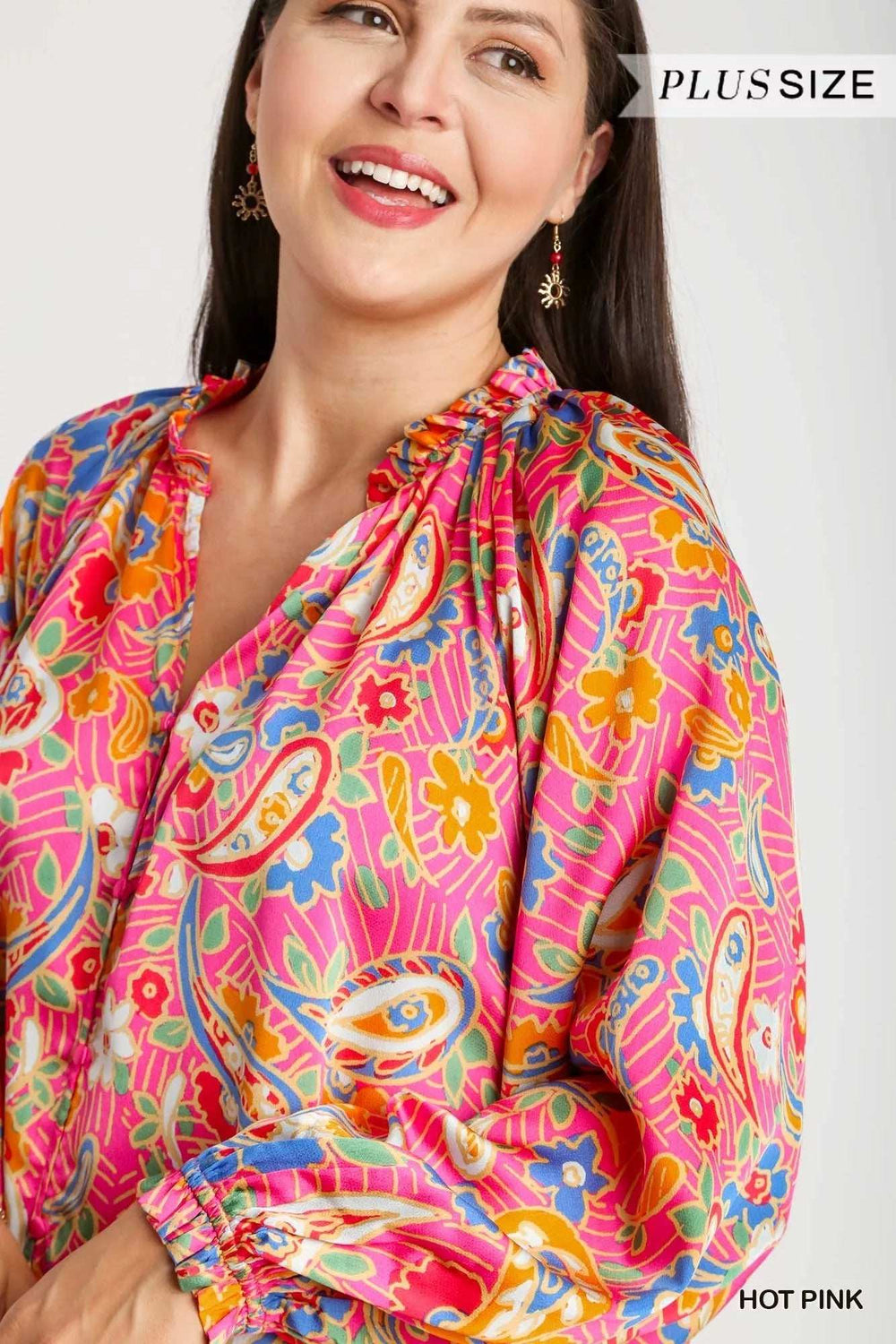 Umgee Full Size Satin Paisley Ruffle Neck Button-Up Shirt Plus Size - Trendsi - Flyclothing LLC