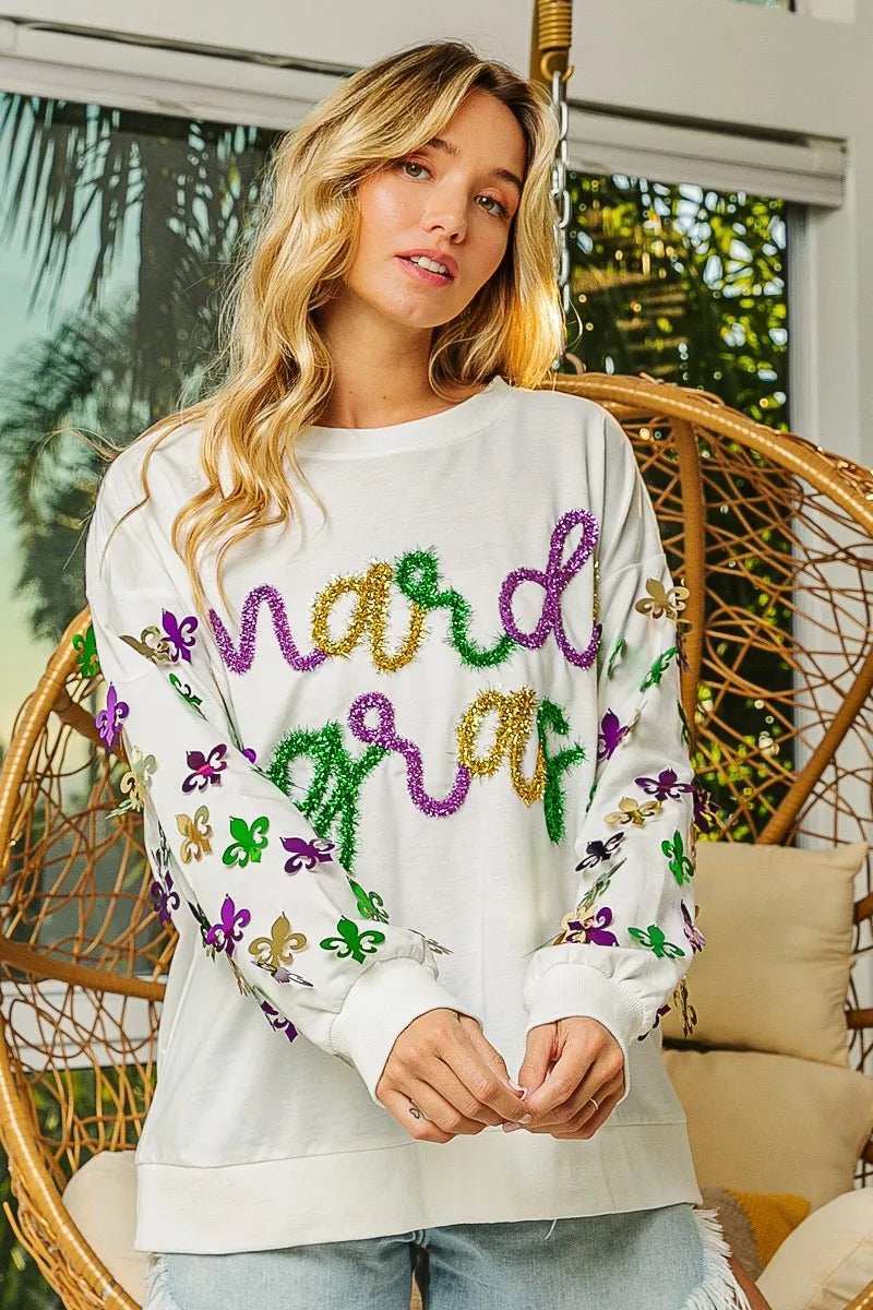 BiBi Fleur De Lis Sleeve Mardi Gras Pullover - Trendsi - Flyclothing LLC