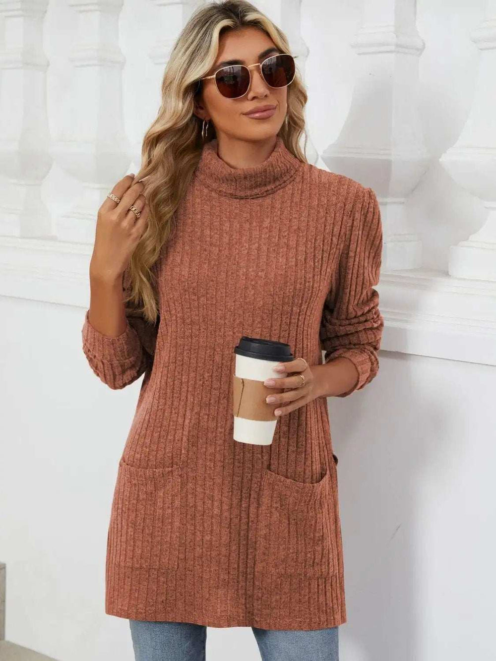 Slit Mock Neck Long Sleeve T-Shirt - Trendsi - Flyclothing LLC