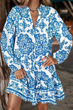 Ruffled Printed Notched Long Sleeve Dress - Trendsi - Flyclothing LLC