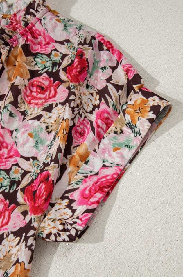 Floral Tie Neck Short Sleeve Blouse - Trendsi - Flyclothing LLC