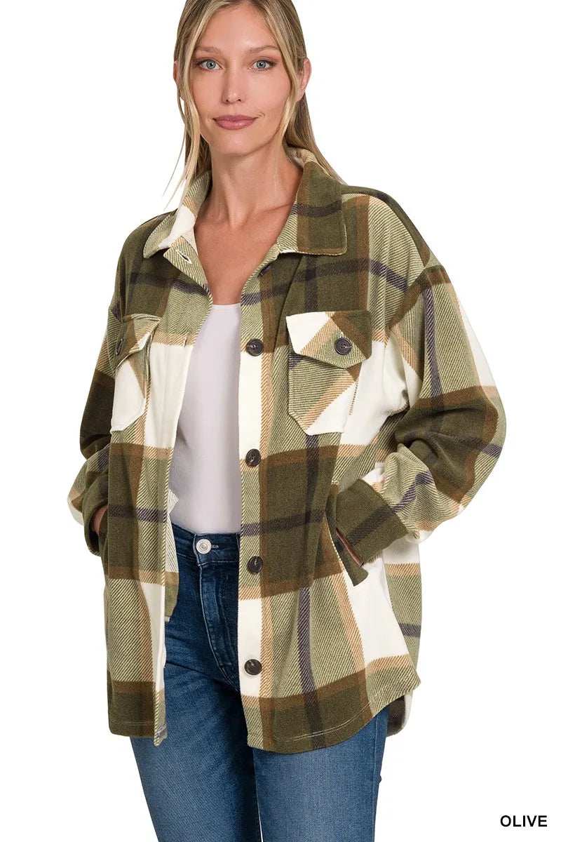 Zenana Oversized Plaid Fleece Shacket - Trendsi - Flyclothing LLC