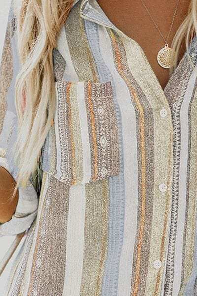 Striped Collared Neck Long Sleeve Shirt - Trendsi - Flyclothing LLC