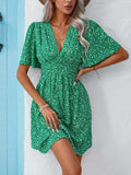 Printed V-Neck Half Sleeve Mini Dress - Trendsi - Flyclothing LLC