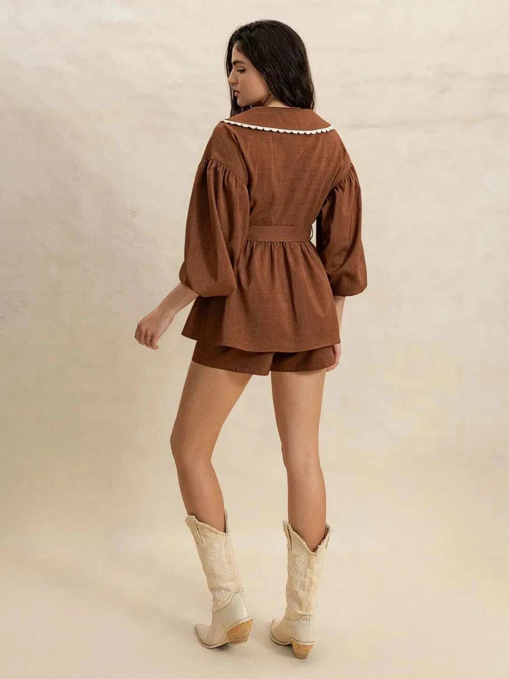 Peter Pan Collar Balloon Sleeve Top and Shorts Set - Trendsi - Flyclothing LLC