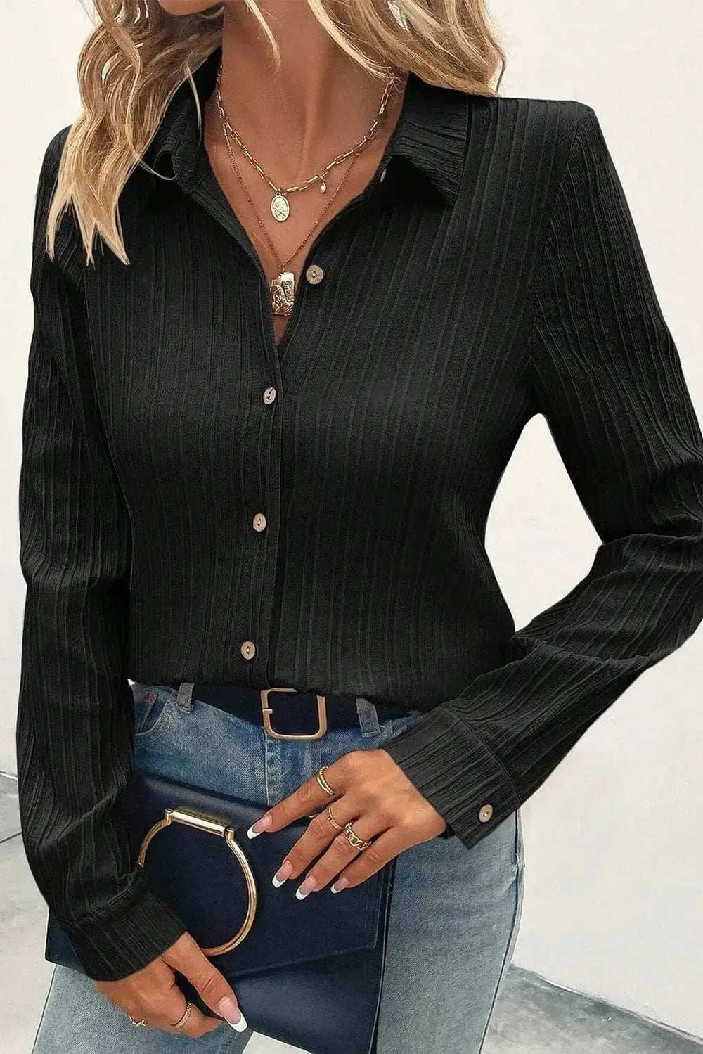 Textured Collared Neck Long Sleeve Shirt - Trendsi - Flyclothing LLC
