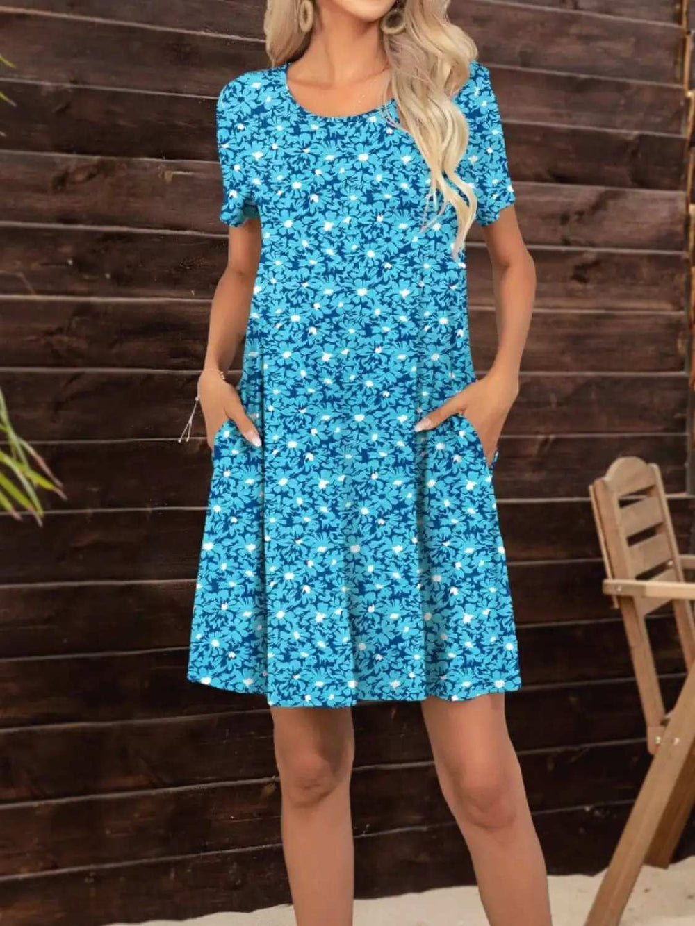Pocketed Printed Round Neck Short Sleeve Mini Dress - Trendsi - Flyclothing LLC