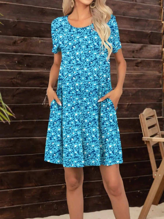 Pocketed Printed Round Neck Short Sleeve Mini Dress - Trendsi - Flyclothing LLC