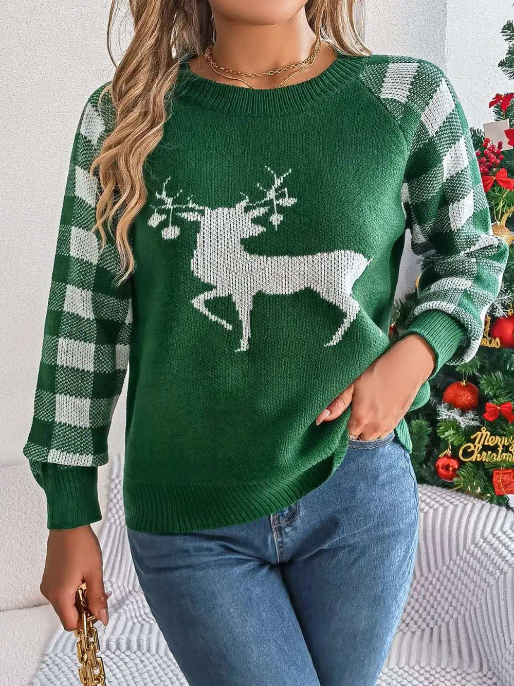 Reindeer Plaid Round Neck Long Sleeve Sweater - Trendsi - Flyclothing LLC
