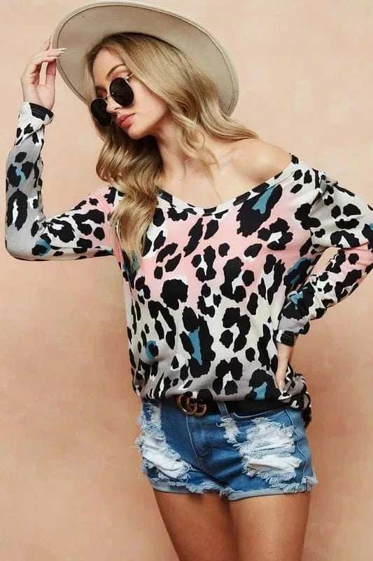BiBi Gradation Leopard Print Soft Knit Deep U Neck Top - Trendsi - Flyclothing LLC