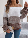 Color Block Off-Shoulder Long Sleeve Sweater - Trendsi - Flyclothing LLC