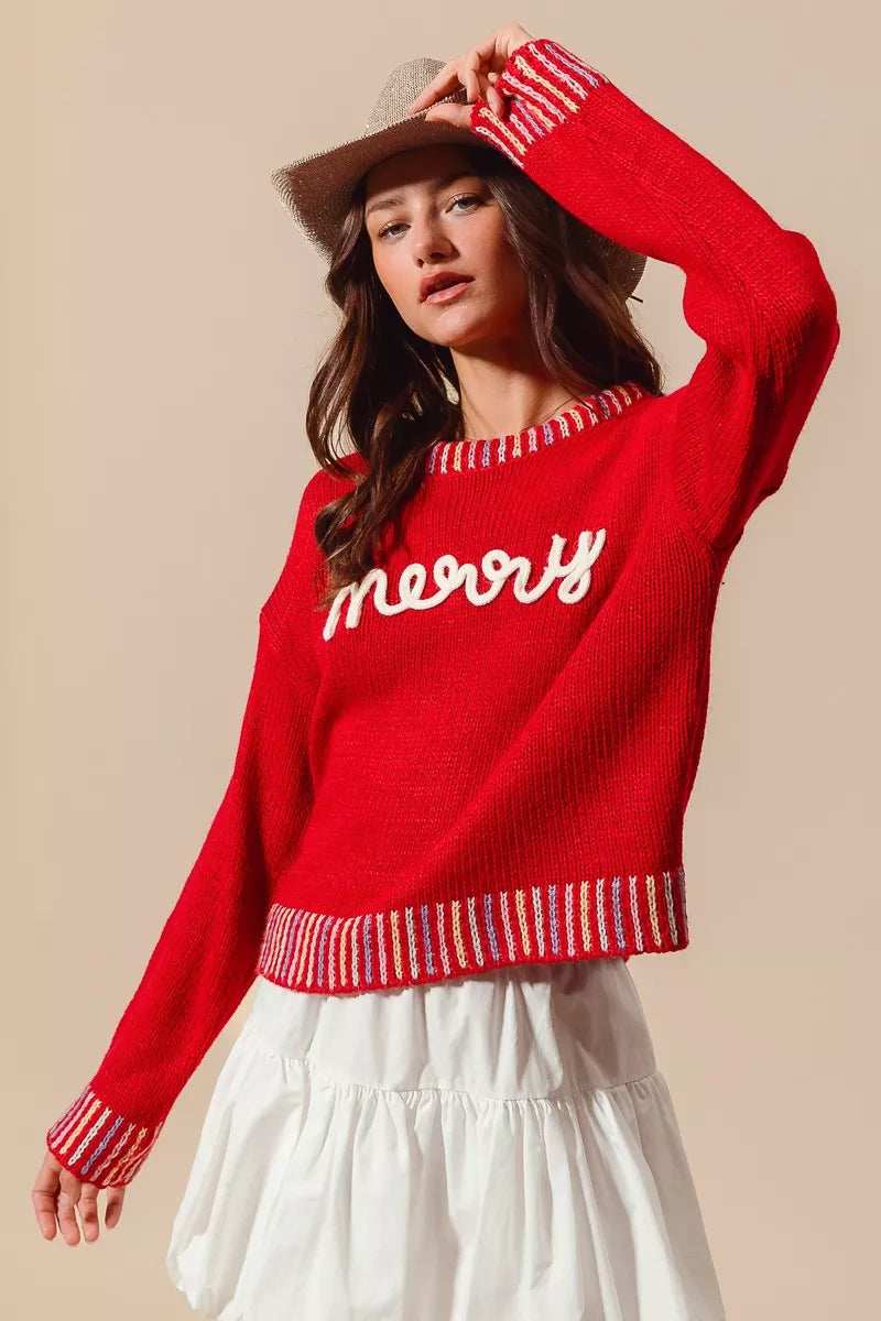 SO ME Merry Lettering Embroidered Christmas Sweater - Trendsi - Flyclothing LLC