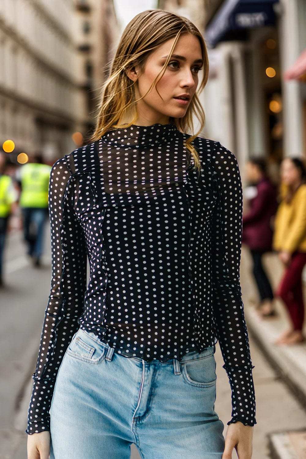 Oh Full Size Frill Printed Mock Neck Long Sleeve Top - Trendsi - Flyclothing LLC