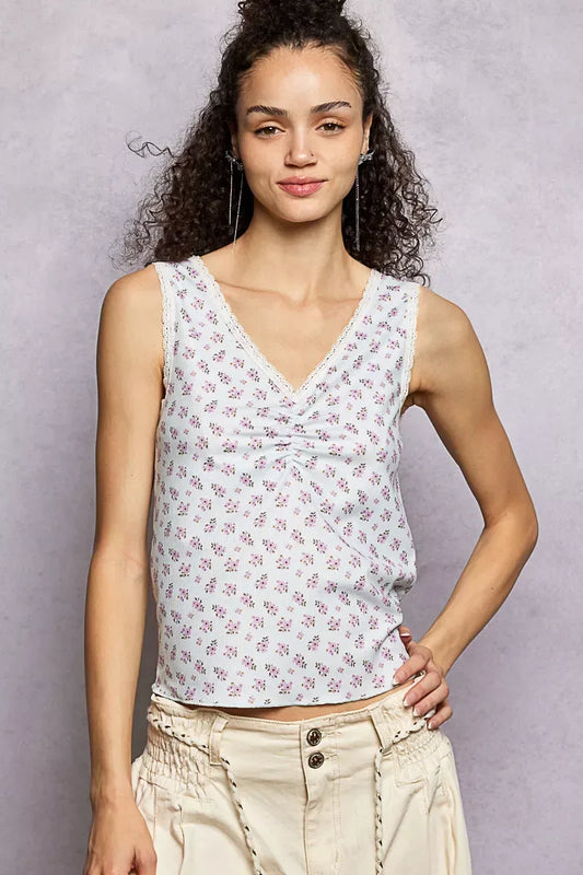 POL Ruched Floral V-Neck Tank with Lace Detail - Trendsi - Flyclothing LLC