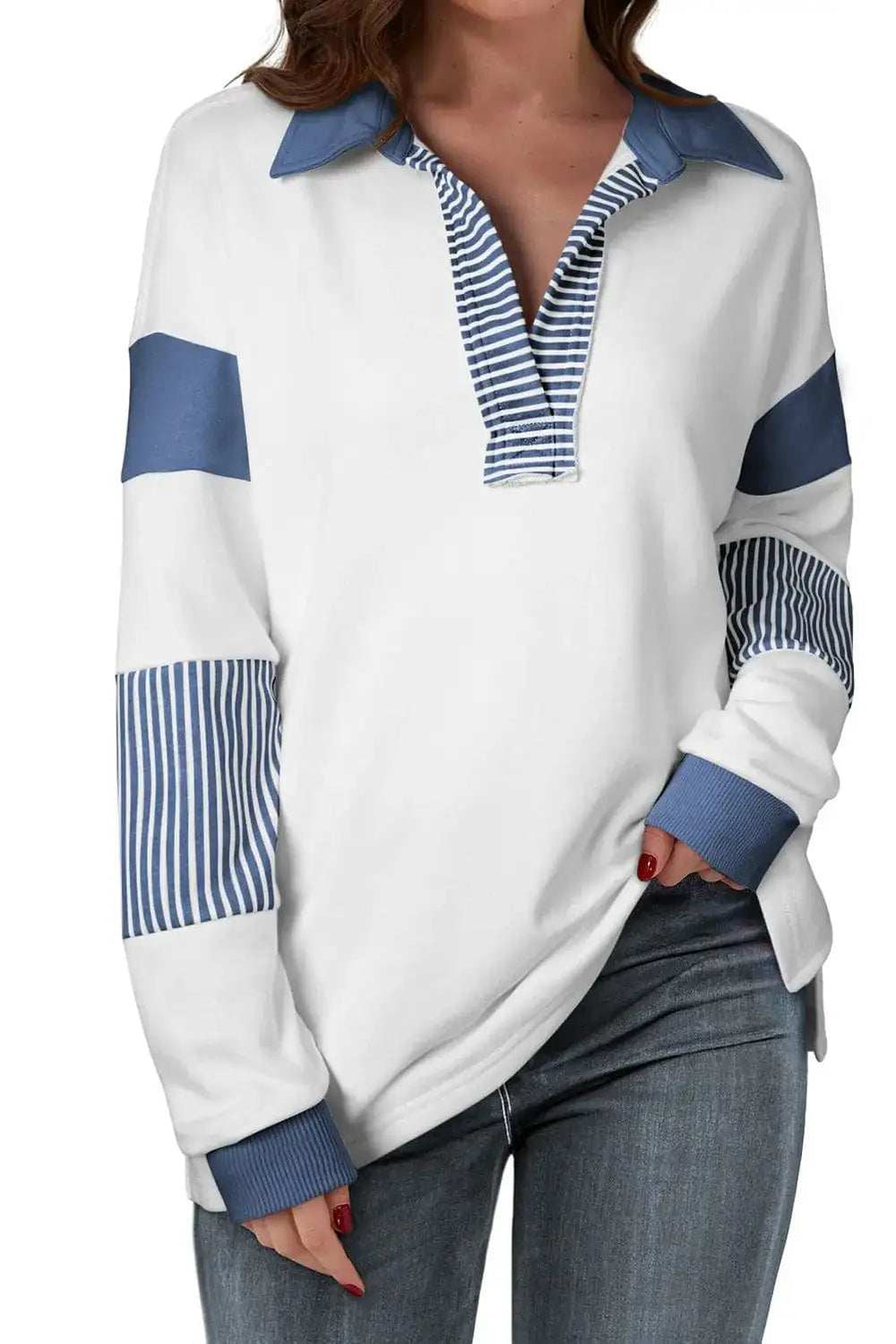 Collared Neck Long Sleeve Sweatshirt - Trendsi - Flyclothing LLC