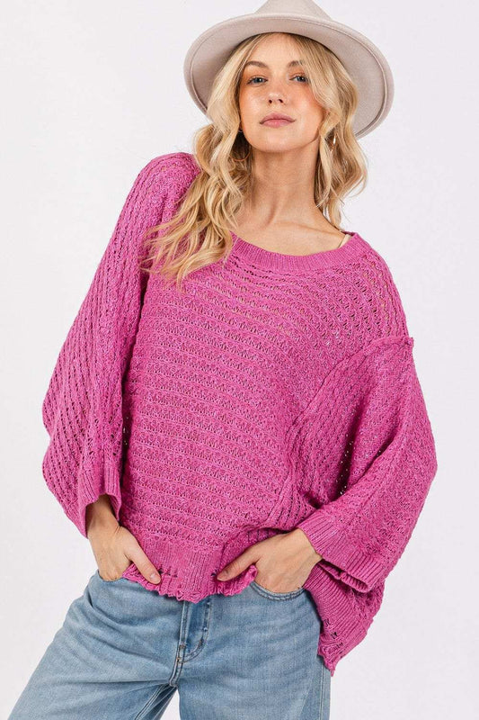 SAGE + FIG Distressed Asymmetrical Open Stitch Sweater - Trendsi - Flyclothing LLC