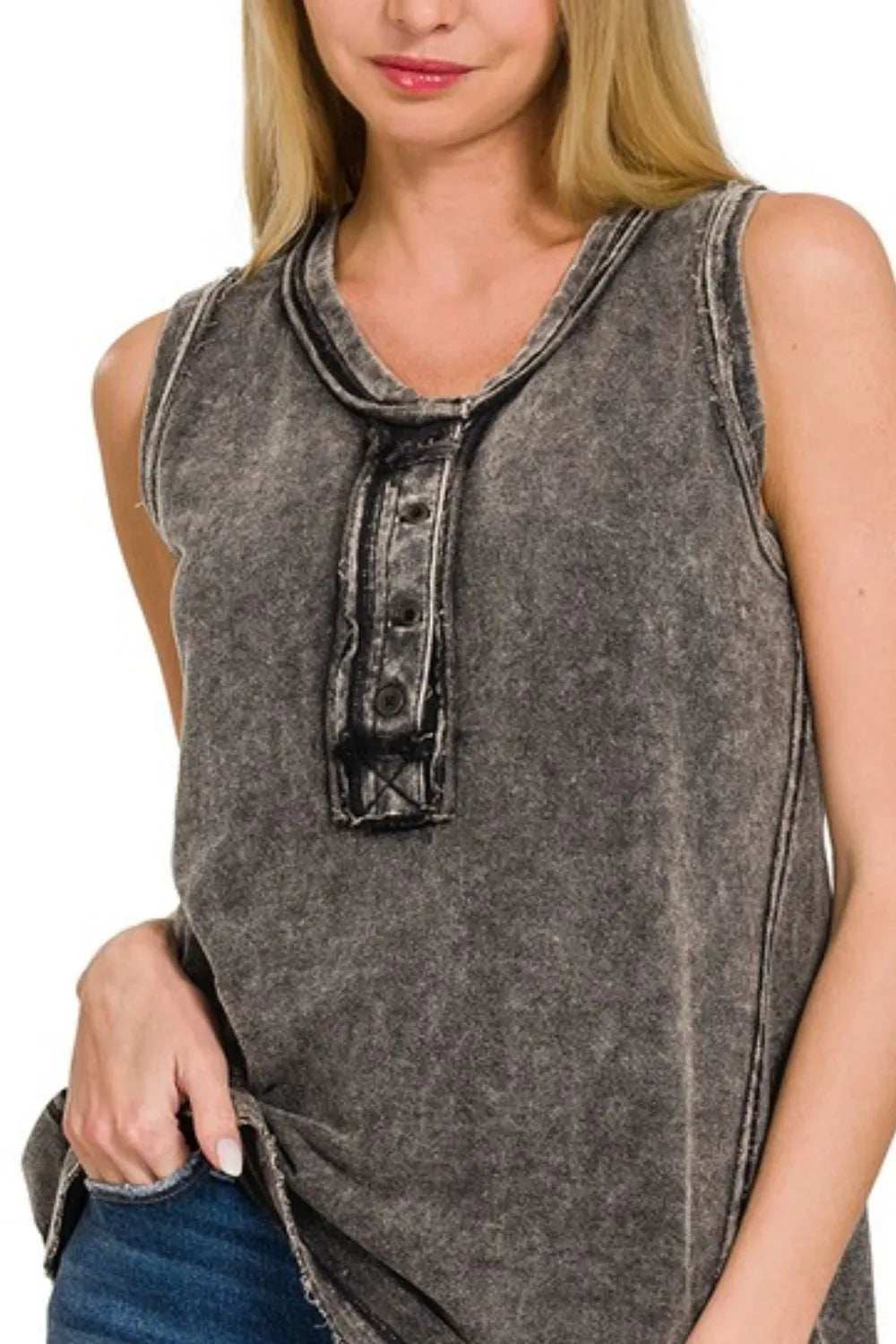 Zenana Washed Half-Button Raw Edge Sleeveless Henley Top - Trendsi - Flyclothing LLC