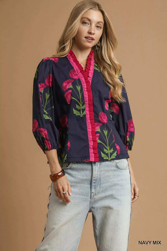 Umgee Floral Print Ruffle Trim Puff Sleeve Blouse - Trendsi - Flyclothing LLC
