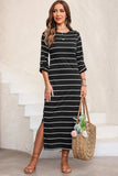 Slit Striped Round Neck Midi Dress - Trendsi - Flyclothing LLC