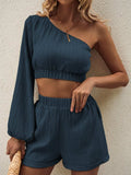 One Shoulder Long Sleeve Top and Shorts Set - Trendsi - Flyclothing LLC