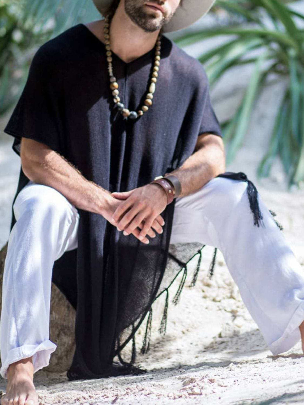 Men's Full Size Fringe V-Neck Half Sleeve Cover Up Plus Size - Trendsi - Flyclothing LLC