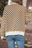 Checkered V-Neck Long Sleeve Cardigan - Trendsi - Flyclothing LLC