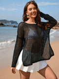 Openwork Slit Boat Neck Long Sleeve Cover-Up - Trendsi - Flyclothing LLC