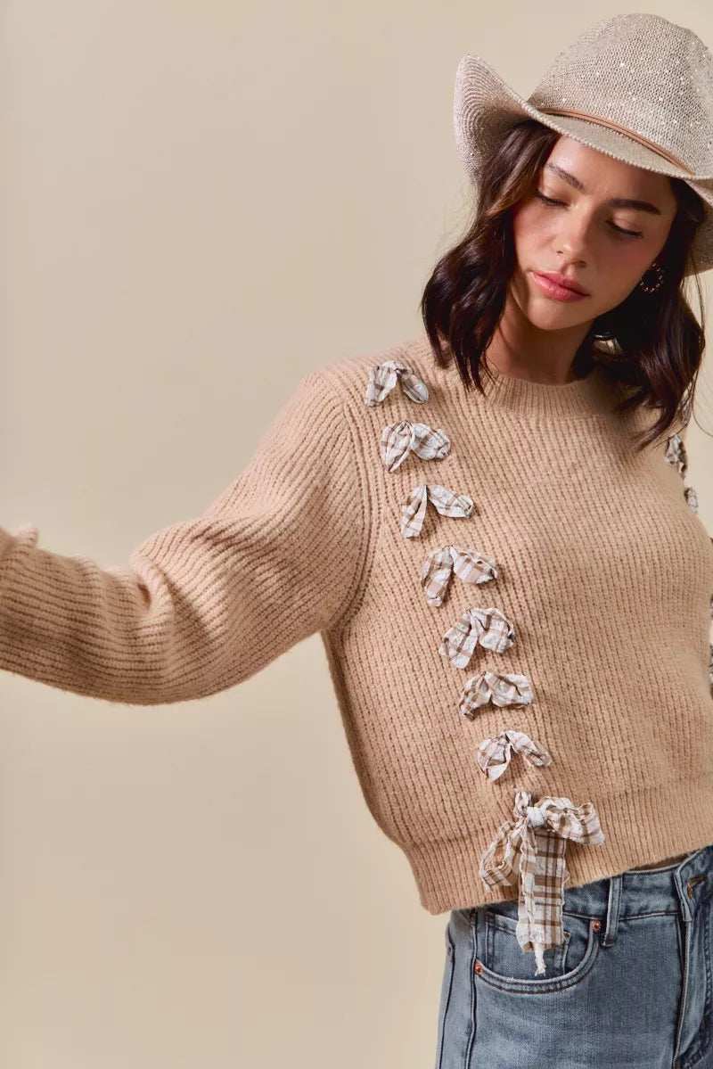 SO ME Checkered Plaid Tape Lace Up Ribbed Sweater - Trendsi - Flyclothing LLC