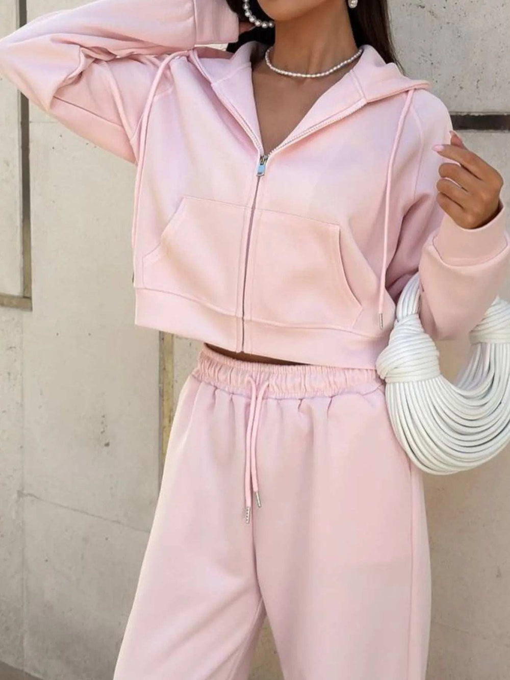 Zip Up Drawstring Hoodie and Pants Set - Trendsi - Flyclothing LLC