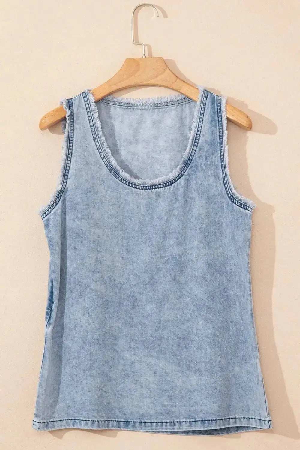 Mineral Wash Denim Frayed U Neck Sleeveless Top - Trendsi - Flyclothing LLC