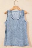 Mineral Wash Denim Frayed U Neck Sleeveless Top - Trendsi - Flyclothing LLC