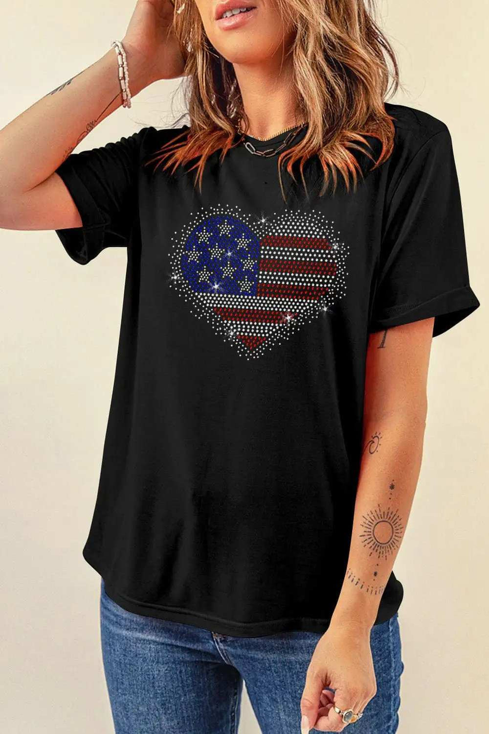 Rhinestone Heart Round Neck Short Sleeve T-Shirt - Trendsi - Flyclothing LLC